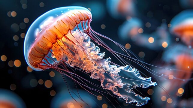 A close-up of a luminous jellyfish with orange and blue hues, its tentacles trailing in dark water. Out-of-focus bokeh lights create a magical atmosphere.