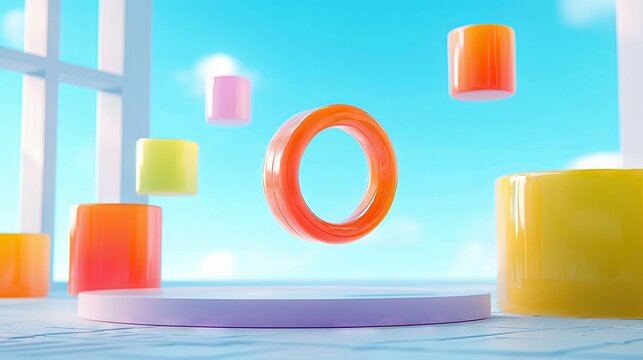 An abstract composition featuring colorful shapes, including a ring and cylinders, floating against a bright blue sky background.