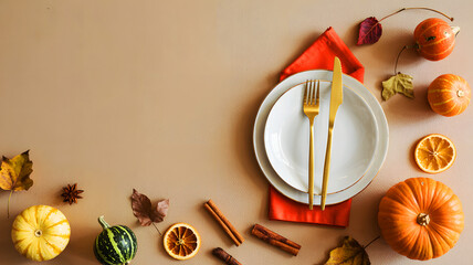 Autumn table setting with pumpkins plates and golden cutlery on a beige colored surface top view