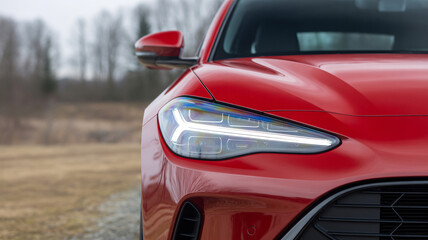 Close up of a red car with a bright headlight and blurred background on an overcast day outdoors