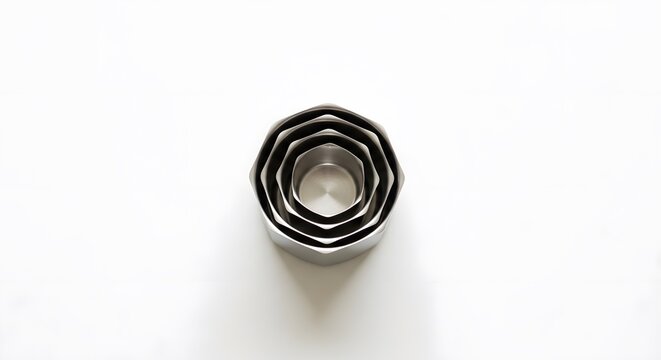 A top down view of nested metal octagon cookie cutters on a white surface in a studio setting