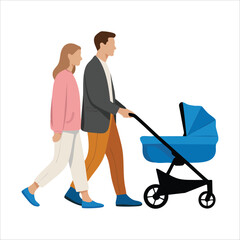 Mother and father pushing newborn baby in outdoor stroller isolated vector illustration on white background