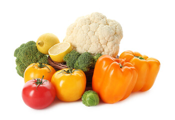 Different fresh raw vegetables and fruits isolated on white