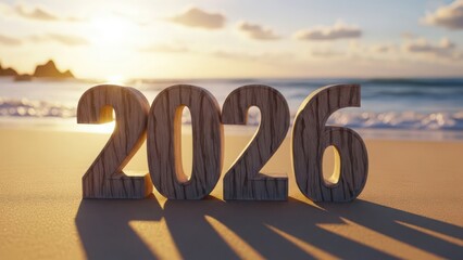 New year 2026 wooden numbers on a tropical beach at sunset, signifying future, celebration, fresh start, and holiday season