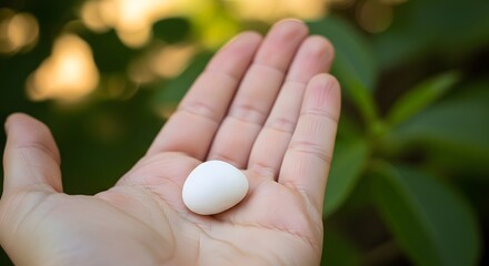 A small white egg resting in the palm of a hand with a blurred green foliage background outside...