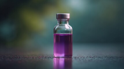 A glass vial filled with vibrant purple liquid stands on a textured surface with a blurred background