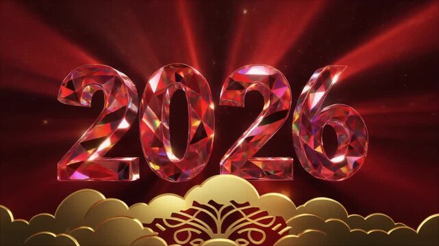 Vibrant 2026 text with sparkling red numbers and golden oriental design on red background.