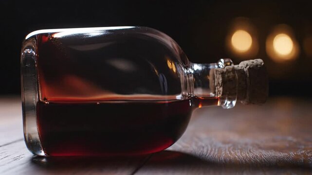 Glass bottle with dark red liquid and cork stopper on wooden table with warm bokeh lights