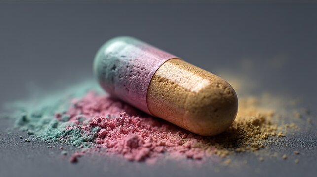 A multi-colored capsule lies on a bed of vibrant powders, showcasing intricate textures