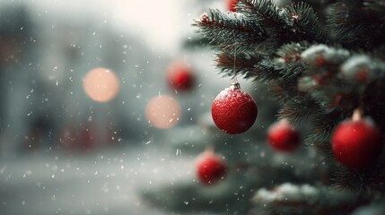 Red Christmas ornament hangs on a snowy branch amidst falling snowflakes and blurred lights