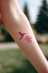 Fototapeta premium Closeup shot showcasing a charming hummingbird and blossom temporary tattoo on a fair skin arm. Perfect for beauty, nature, or lifestyle themes.