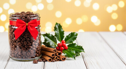 Fototapeta premium A jar of coffee beans and cinnamon sticks decorated for Christmas for a coffee shop advertising campaign