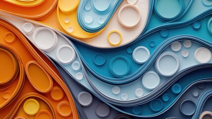 An abstract, colorful image featuring a wavy pattern with layered elements and circular shapes in various sizes and colors.