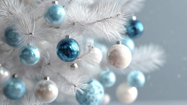 White christmas tree decorated with elegant blue and white ornaments