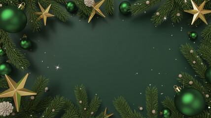 Festive christmas background with green ornaments and golden stars on a green surface