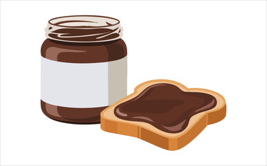 A can of chocolate paste and Delicious chocolate spread on fresh baked bread slice isolated vector illustration on white background