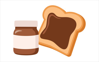 A can of chocolate paste and Delicious chocolate spread on fresh baked bread slice isolated vector illustration on white background