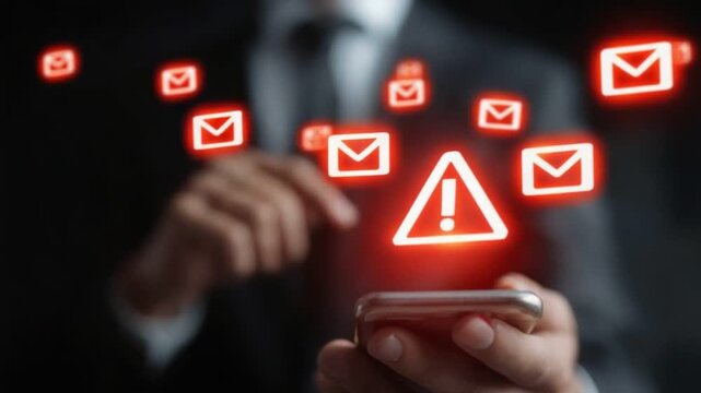 A businessman holds a smartphone displaying alert notifications about incoming emails, emphasizing the importance of digital communication in modern workplaces. - Powered by Adobe