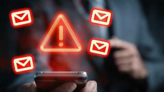 A businessman interacts with a smartphone displaying red alert notifications. The image highlights communication challenges and the fast-paced nature of modern technology. - Powered by Adobe