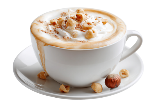 Gourmet white chocolate hazelnut latte drink isolated on transparent background