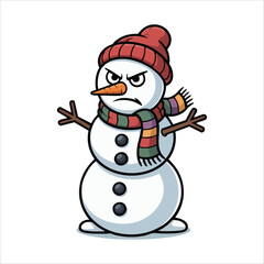 angry snowman with carrot nose and coal eyes isolated vector illustration on white background