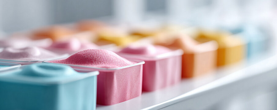 Abstract, colorful composition. Rows of containers filled with colored powder suggest creativity, beauty, art, science, or laboratory work. Soft pastel hues.