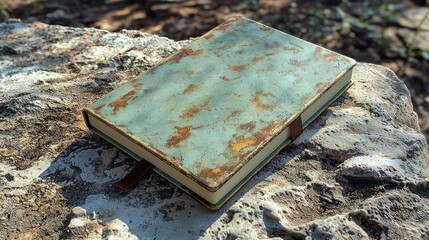 Rustic teal journal with brown band on a sunlit weathered rock