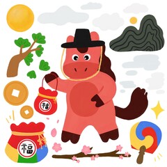 Naklejka premium 2026 새해 신년 붉은 말 과슈 핸드드로잉(2026 happy new year traditional red horse hand drawing) 