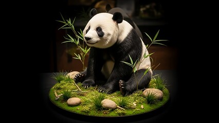 A panda sitting on a patch of green moss with bamboo shoots and smooth stones.