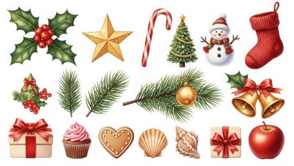 Christmas holiday season collection with festive elements like snowman, gifts, holly, gingerbread, cupcakes, and seashells.