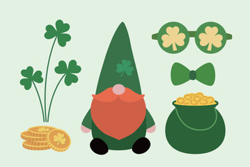 St. Patrick's Day element flat vector illustration collection.
Includes gnome, clover, money pot, party sunglasses, coins, and bow tie.