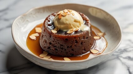 Chocolate cake with ice cream and almond garnish