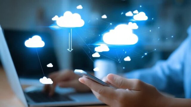 A person uses a smartphone while cloud computing icons hover above a laptop, illustrating the connection between mobile and cloud technology in modern digital environments. - Powered by Adobe