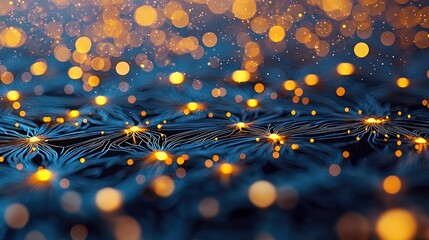 An abstract illustration of a digital network with glowing bokeh lights and a futuristic design. The image features a dark blue background with illuminated node