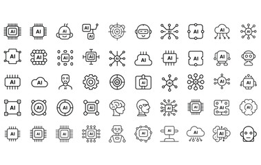 Artificial Intelligence Line Icon Set, AI Technology Symbols, Machine Learning and Neural Network Icons