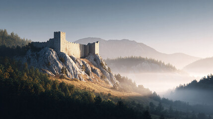 Majestic stone castle atop a rocky crag, bathed in soft morning light. Fog drifts through valleys, inspiring fantasy  adventure themes. Use for travel, history, or lore.