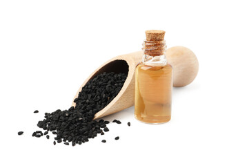Black cumin seeds and oil isolated on white