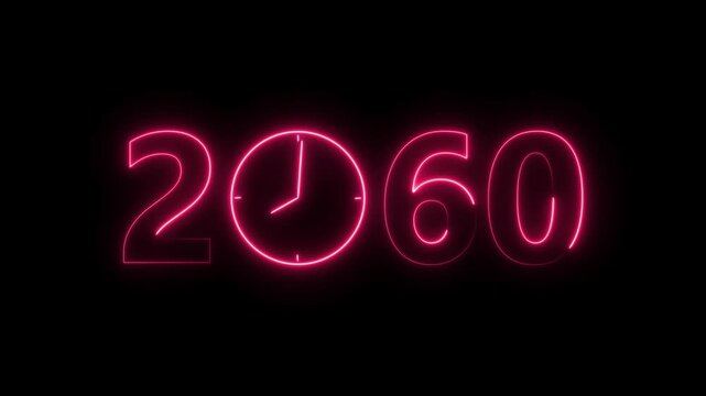 2060 digital text celebration and Calendar neon bright magenta red color animation. Clock icon timer concept on black background.