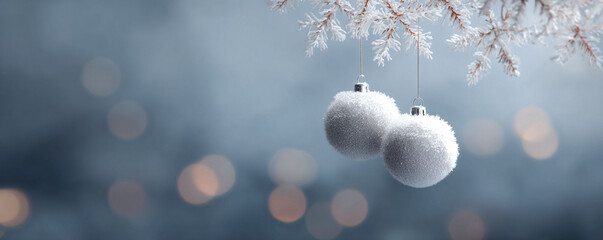 Elegant winter scene showcasing delicate snowcovered ornaments hanging from a frosted pine branch against a soft bokeh backdrop. Festive, serene, and perfect for seasonal themes.