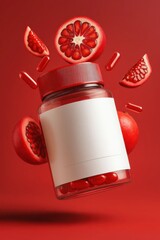 Vitamin Supplement Bottle with Pomegranate and Capsules
