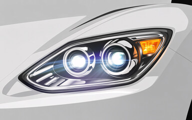 Close up of a white car headlight with bright lights illuminating the road in the dark night time