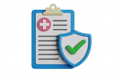A health insurance clipboard with a pink cross and a green checkmark shield on a white background