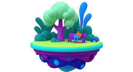 Whimsical floating island with a person sitting on a bench