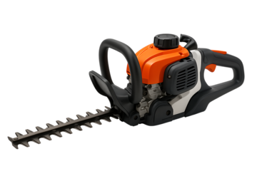 Orange and black hedge trimmer isolated on transparent background, a powerful tool for garden maintenance and landscaping