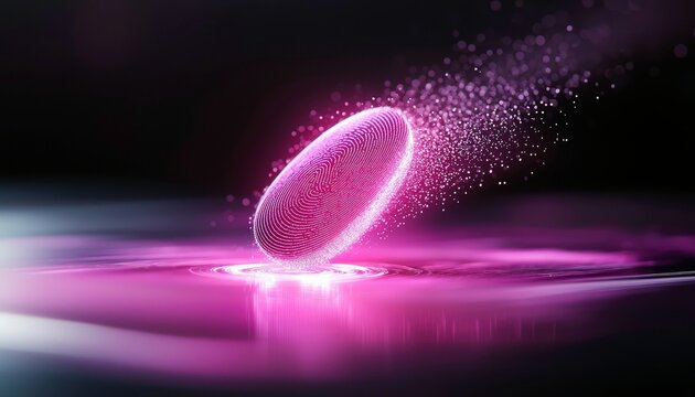 An abstract digital fingerprint rising from a glowing surface, surrounded by particles, with a dark background and a futuristic, ethereal mood.