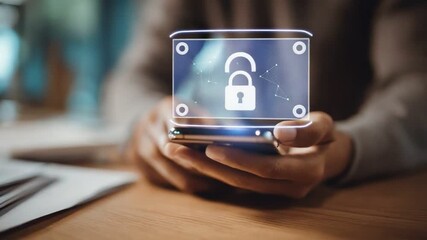 A close-up of a person holding a smartphone with a digital unlock icon, symbolizing mobile security and data protection in a modern workspace. Ideal for tech-related content. - Powered by Adobe