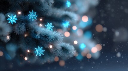 Christmas tree decorated with glowing blue snowflakes and warm lights on a snowy night