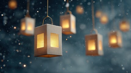 Beautiful warm glowing lanterns with sparkling particles against a dark blue background