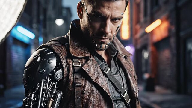 Cybernetic man in futuristic urban setting with metallic prosthetic arm and facial implants