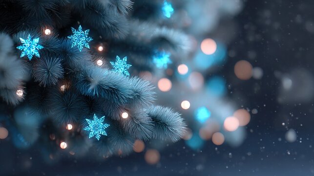 Christmas tree decorated with glowing blue snowflakes and warm lights on a snowy night